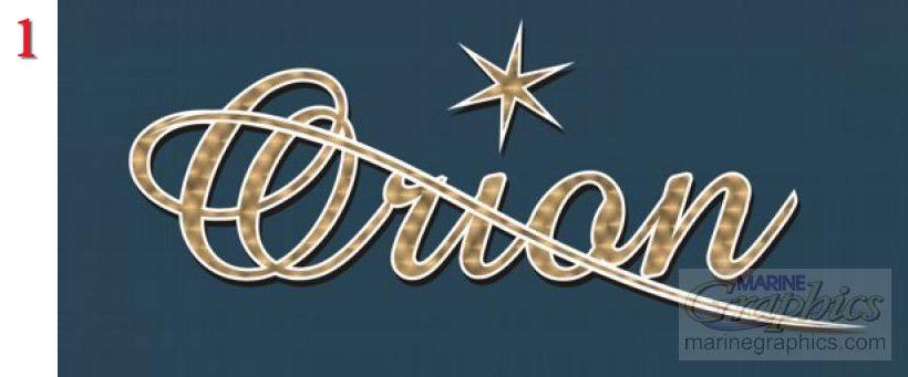 Orion boat letters on a dark blue hull