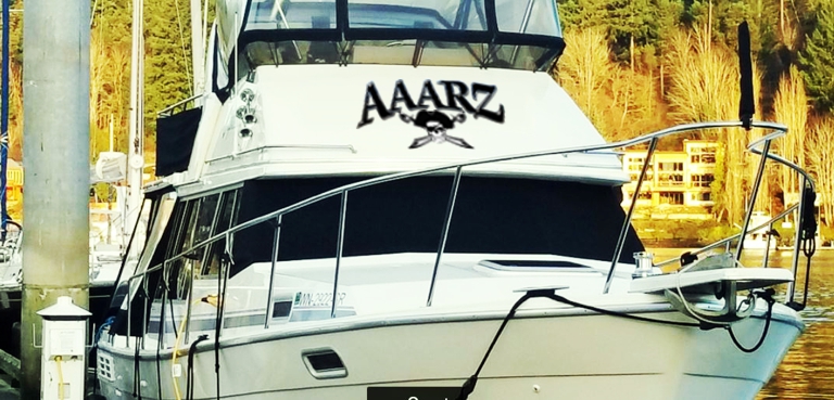 AAARZ Boat Lettering with Jolly Roger pirate on house larger vinyl graphic